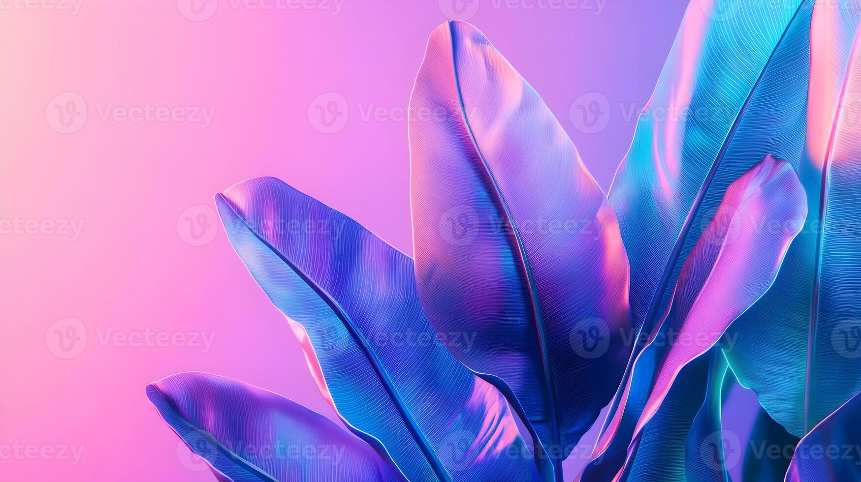 Vibrant iridescent banana leaves against a soft pastel gradient illuminated background photo