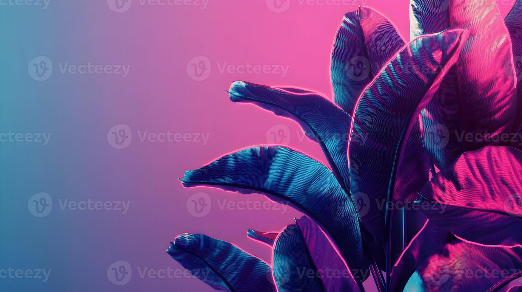 Neon illuminated banana leaves create a cool, vibrant, surreal atmosphere in nature photo
