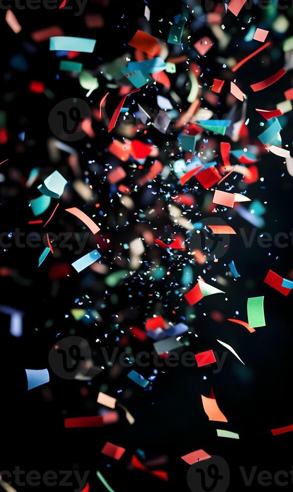 Colorful confetti explosion on dark background, celebration and festive atmosphere photo