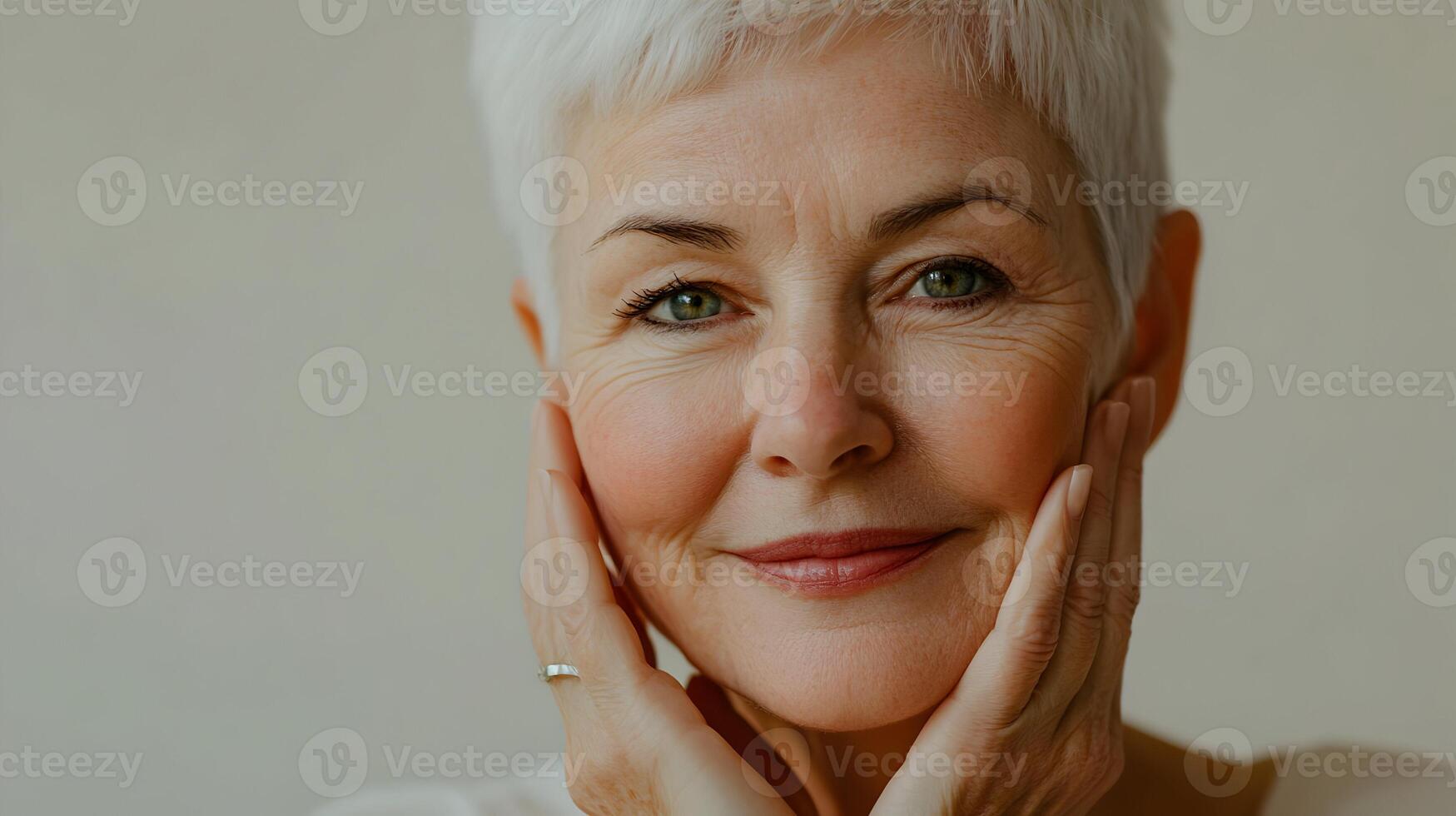 Close up portrait of happy and serene senior woman holding face with hands smiling photo