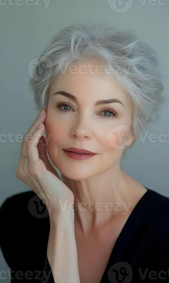 Elegant mature woman with silver hair, showcasing beauty and timeless sophistication photo