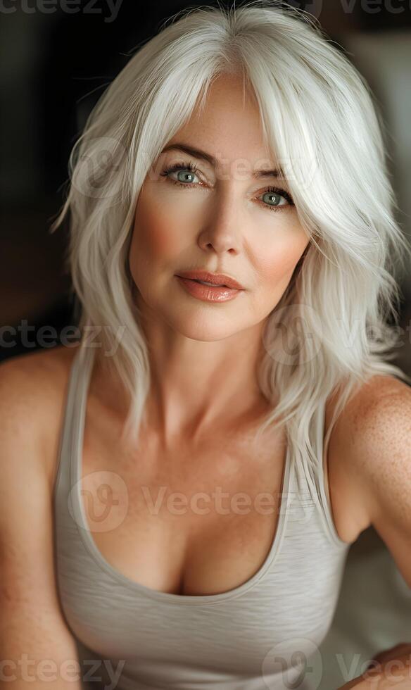 Portrait of a stunning mature woman with silver hair showcasing timeless beauty gracefully photo