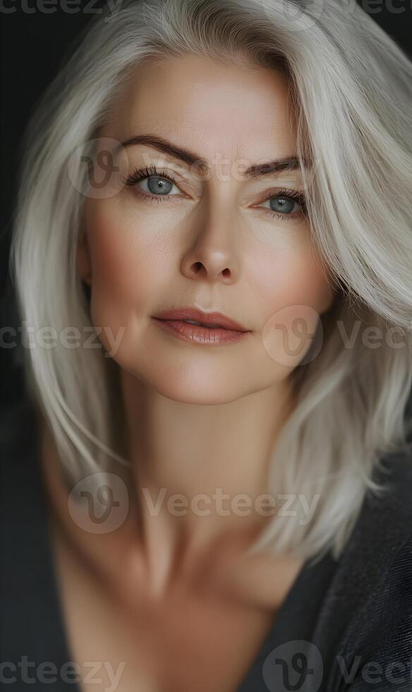 Elegant mature woman with silver hair and natural makeup, a portrait of timeless beauty photo