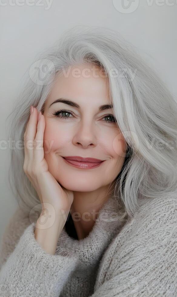 Elegant portrait of a mature woman with natural silver hair and a gentle, warm smile photo