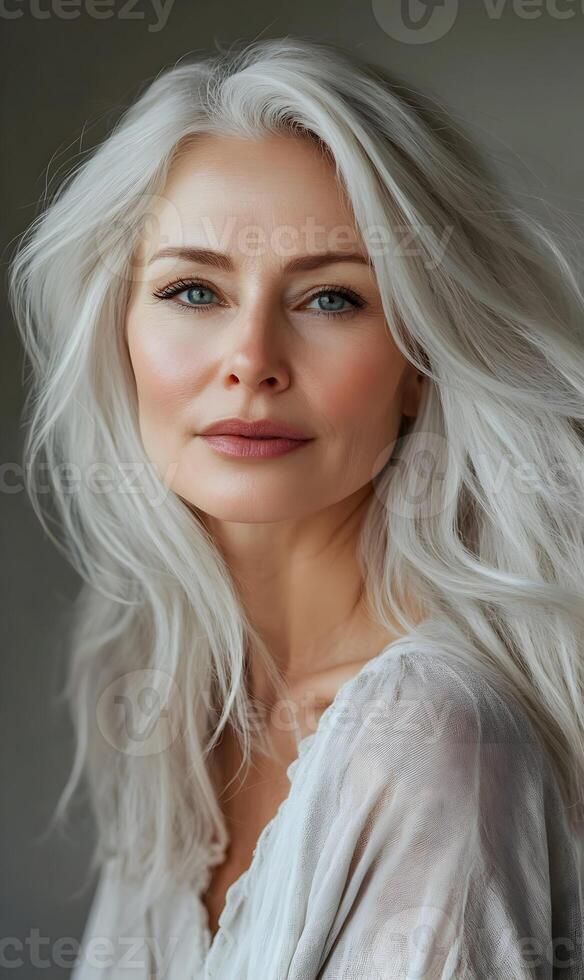 Elegant portrait of a mature woman with long gray hair and a serene expression photo