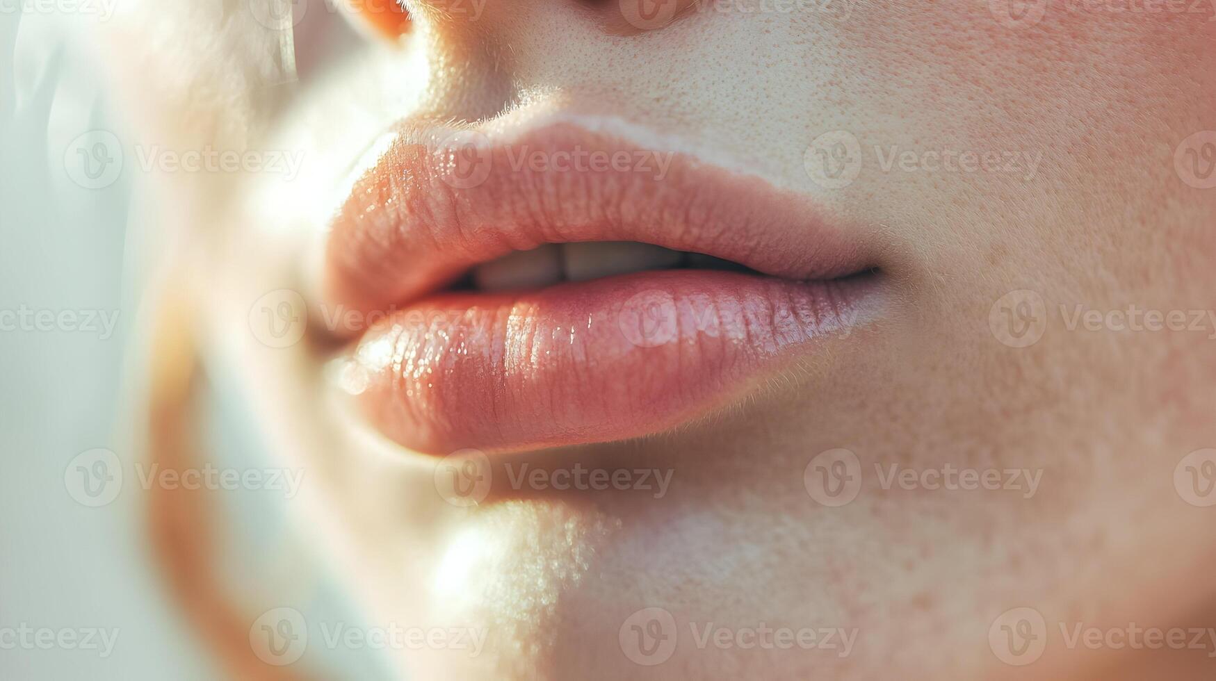 Close up of perfectly defined lips with glossy lipstick against soft skin tone photo