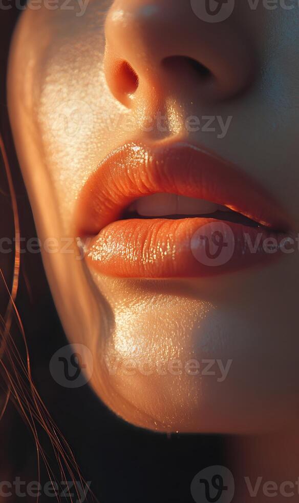 Close-up View Captures the Alluring Glimmer of Glossy Lips and Radiant Skin Under Warm Lighting photo