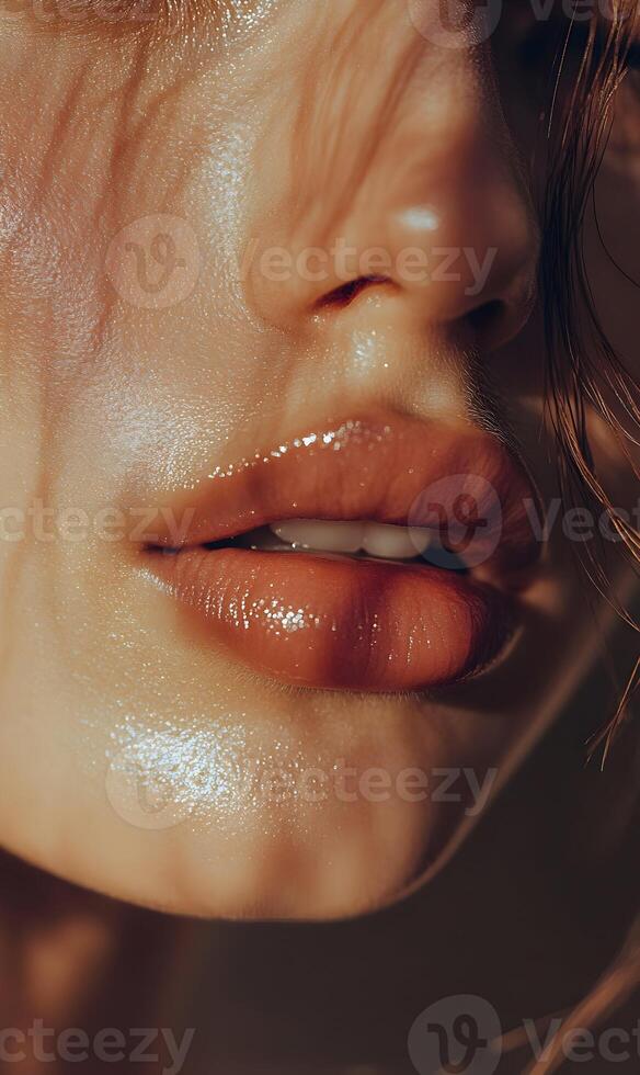 Close-up capture of the lips and nose showcasing glossy makeup and healthy radiant skin photo