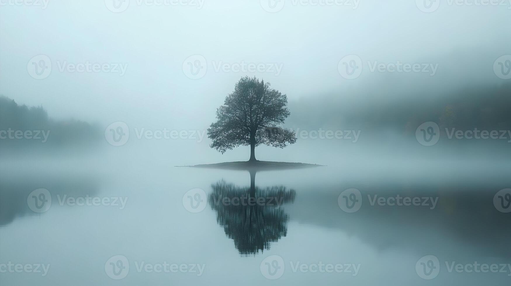 Solitary tree reflecting on a misty lake, creating a serene and tranquil atmosphere photo