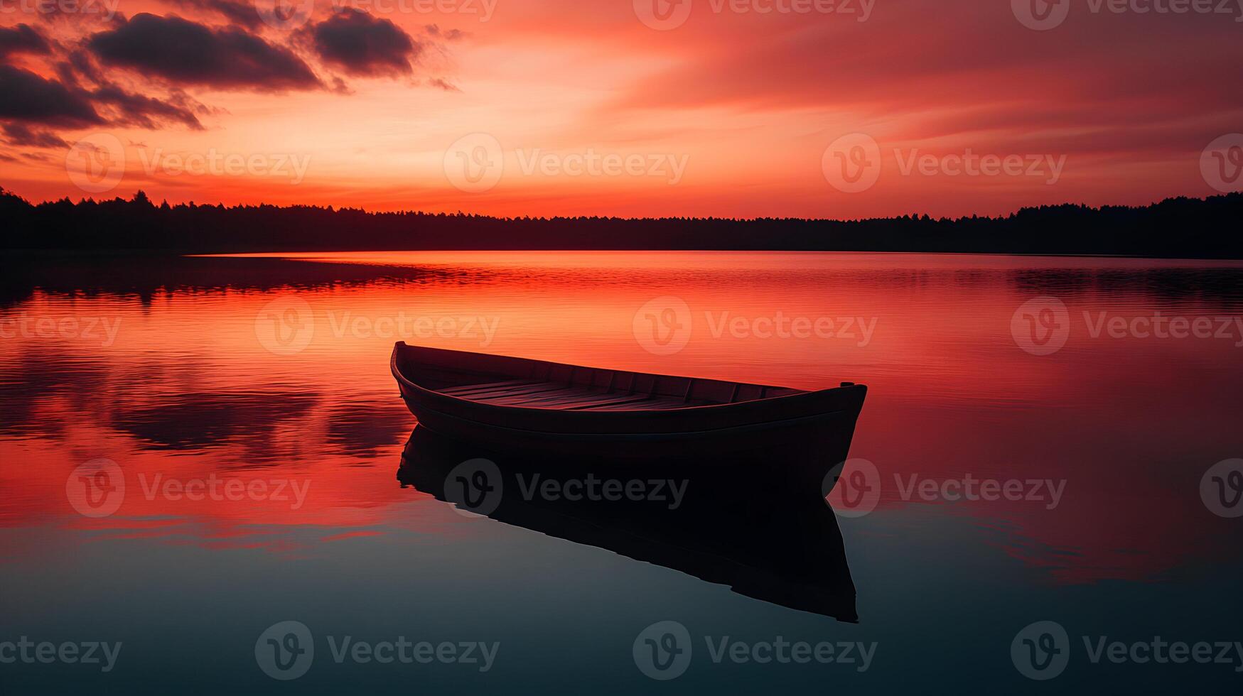 A tranquil sunset over the still lake with a lone boat floating peacefully on the water photo