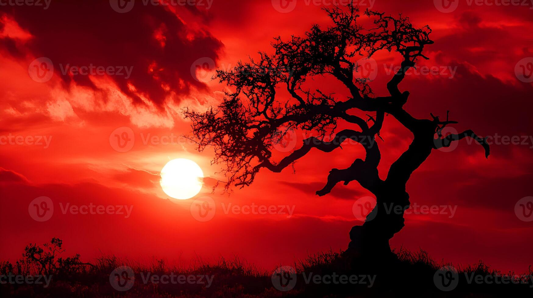 Dramatic Silhouette Tree Against Crimson Sky Evokes Powerful Emotions and Mystical Scene photo