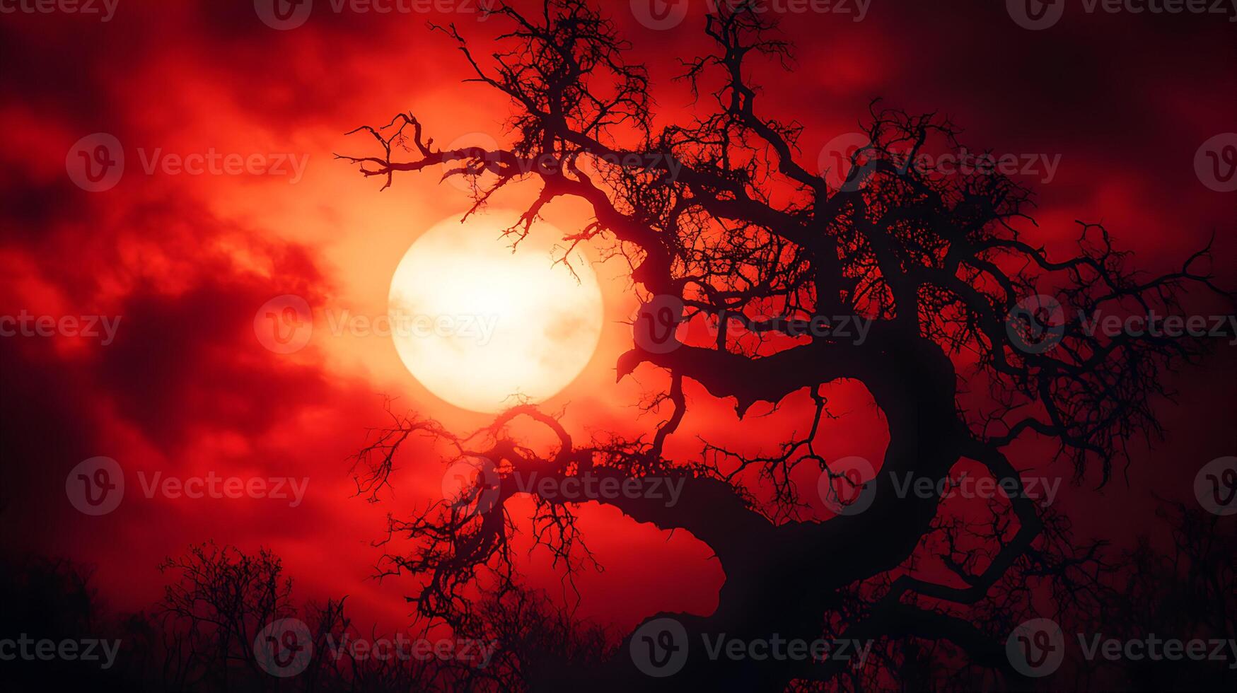 Blood Moon Silhouette of a Tree Creating a Mystical and Dramatic Night Scenery photo