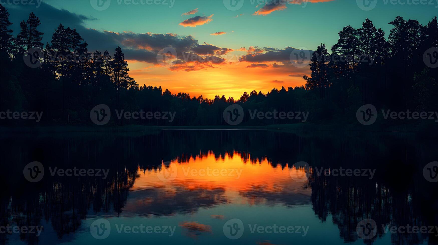 Captivating sunset reflecting on a serene lake surrounded by a lush forest landscape photo