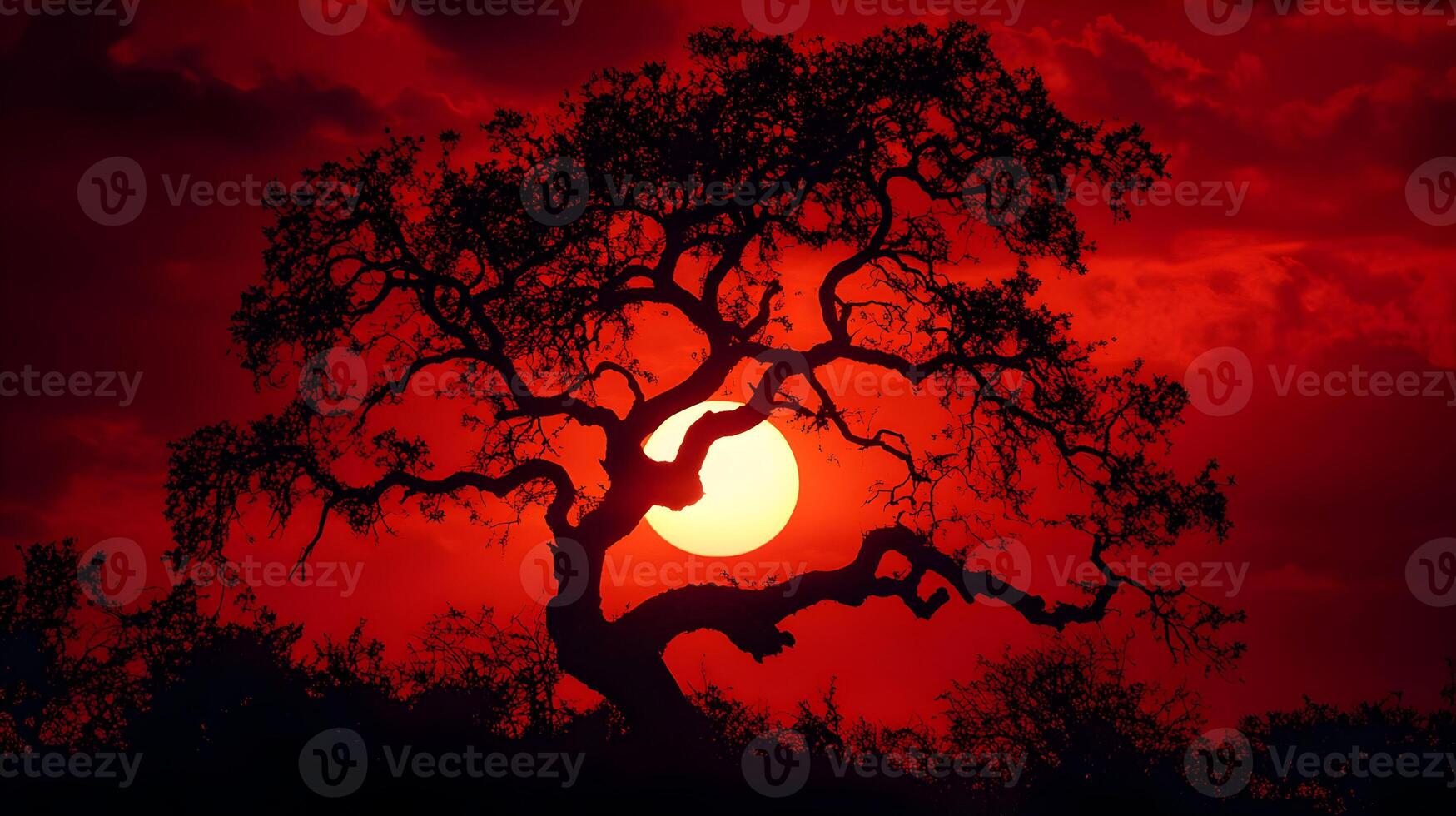 Silhouette of a solitary tree against a fiery red sunset sky creating a dramatic scene photo