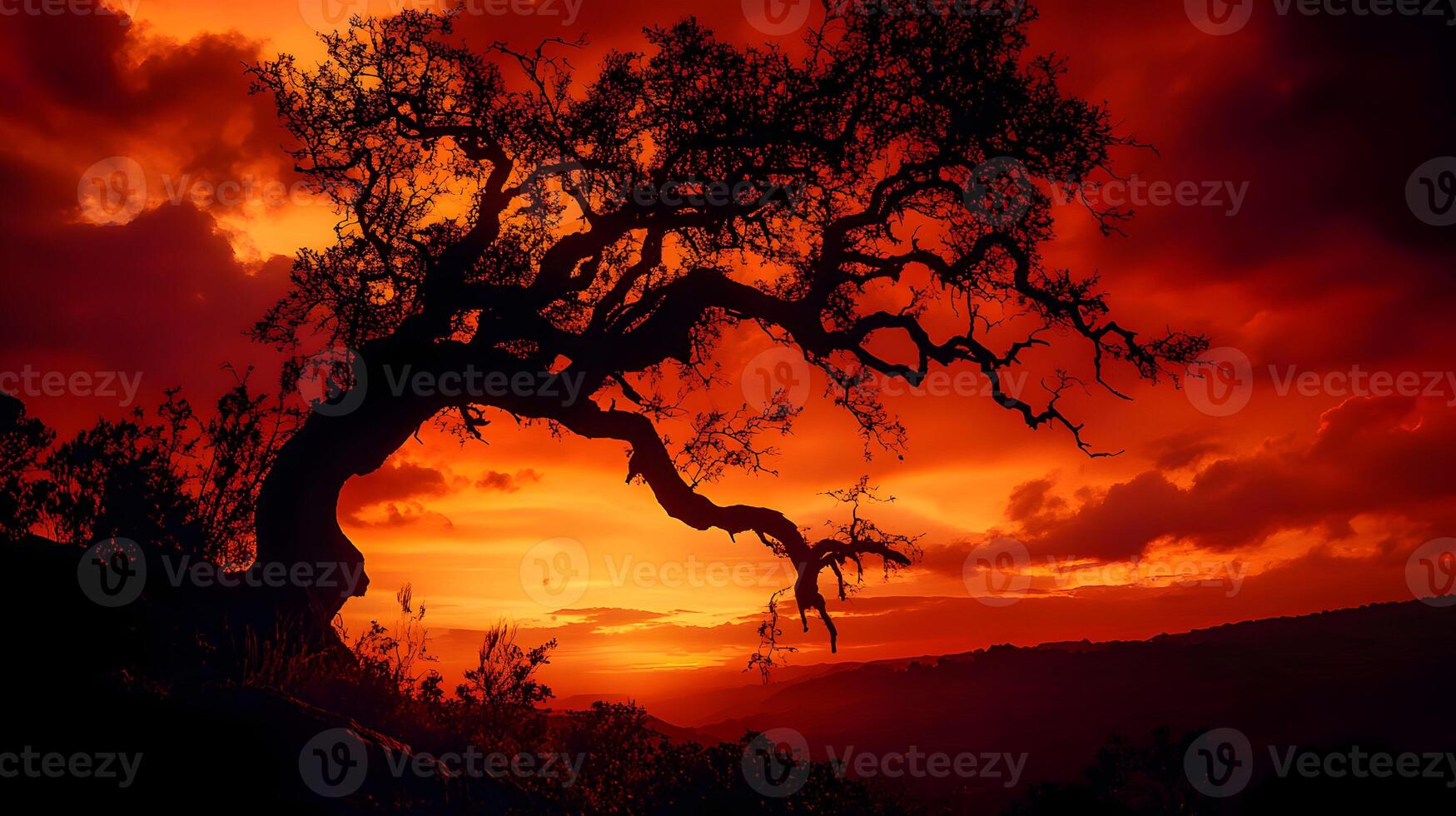 Silhouette of a lonely tree against a vibrant sunset sky creating a dramatic landscape photo