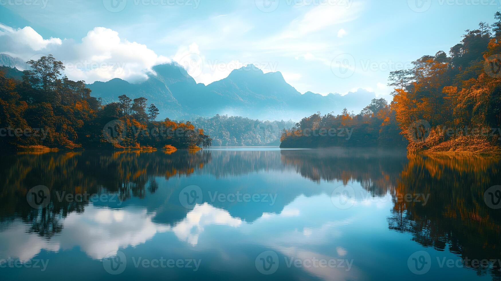 Scenic landscape featuring a tranquil lake reflecting mountains and lush forests photo