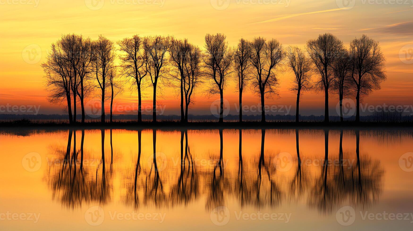 Golden hour reflecting off a tranquil lake with silhouetted trees, creating a serene scene photo