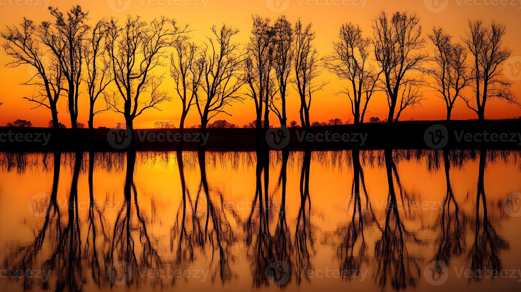 Serene sunset reflection captures silhouetted trees on water's edge in picturesque scenery photo