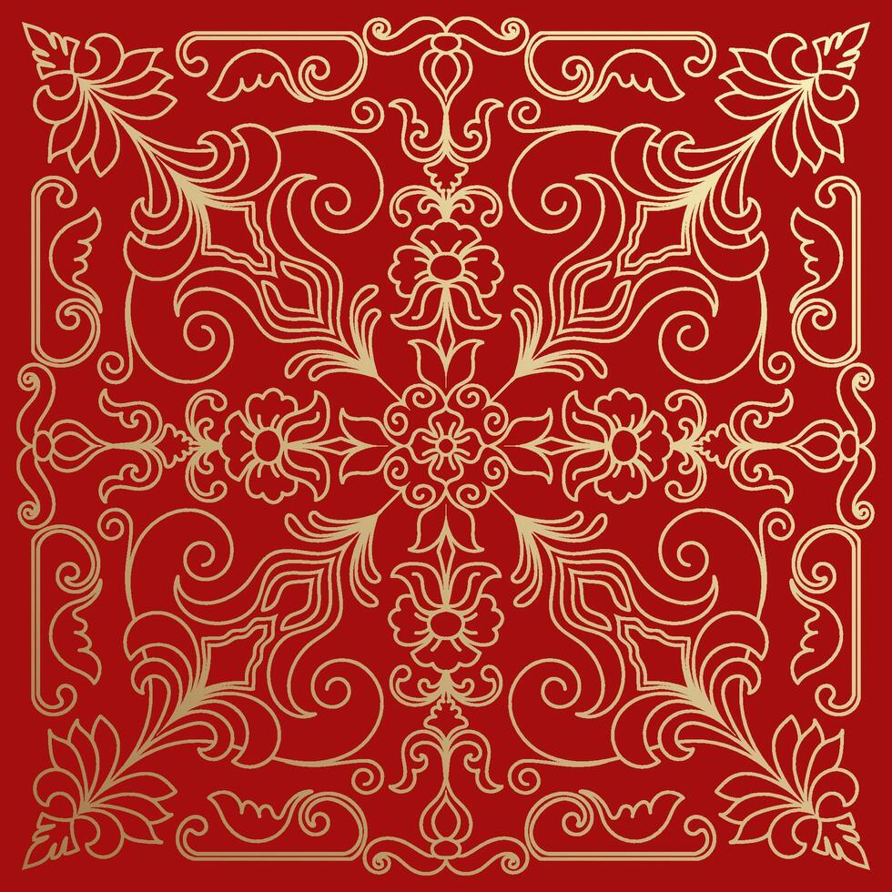 Golden Mandala Design Abstract Lines on Red for Carpet and Mat Patterns vector