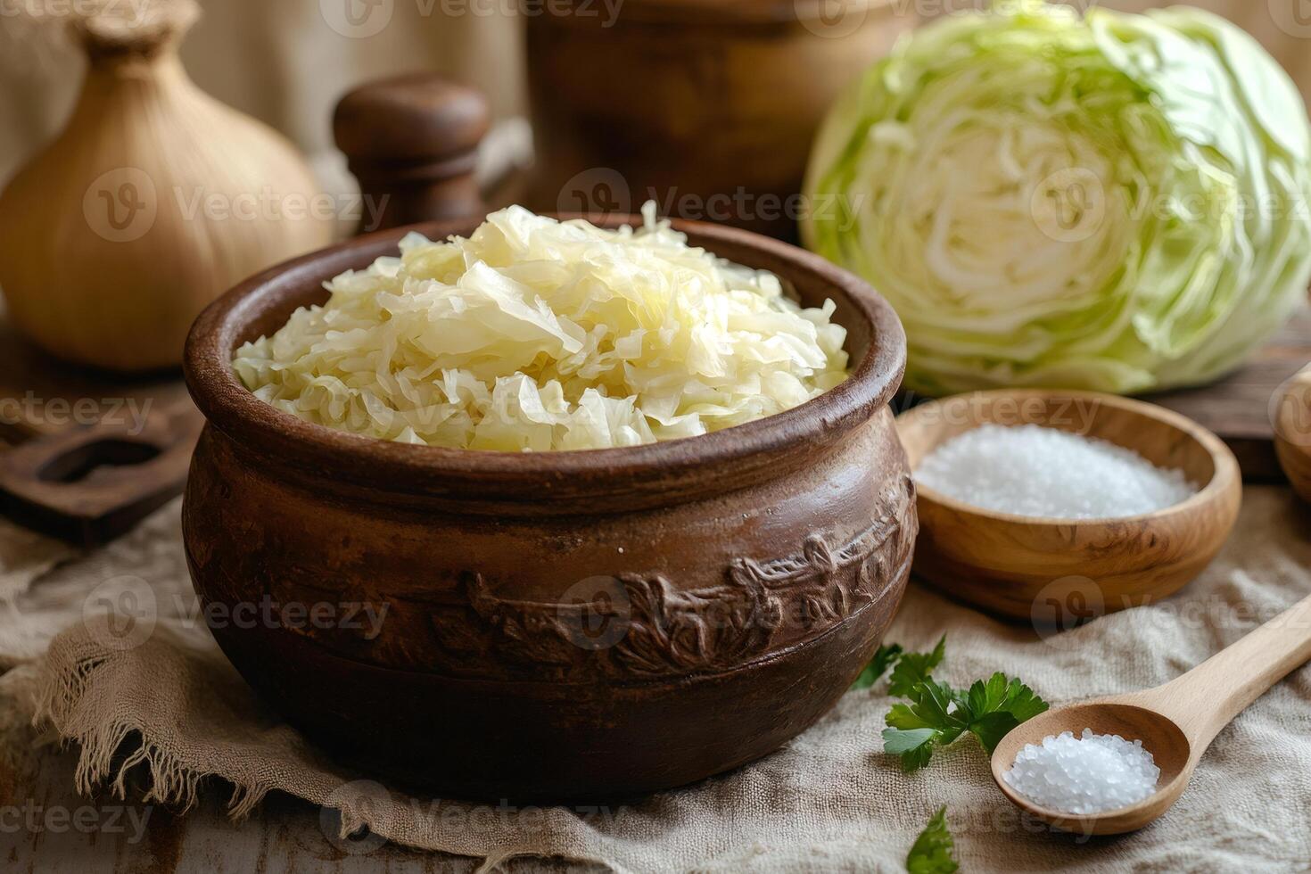 Homemade sauerkraut fermenting in clay pot with fresh cabbage head and ingredients on rustic wooden kitchen table photo