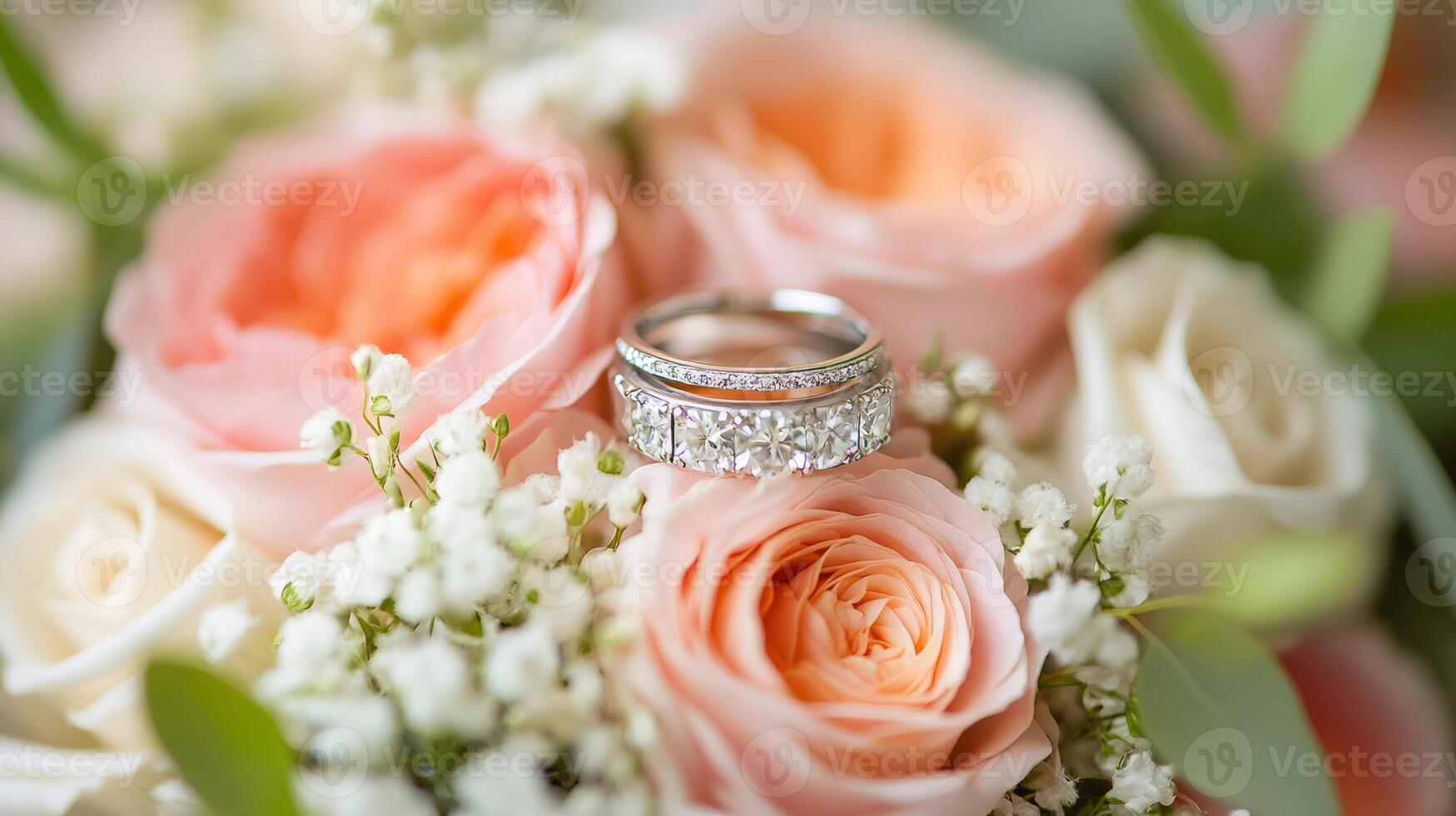 Wedding rings resting on a bouquet of peach and white roses. photo