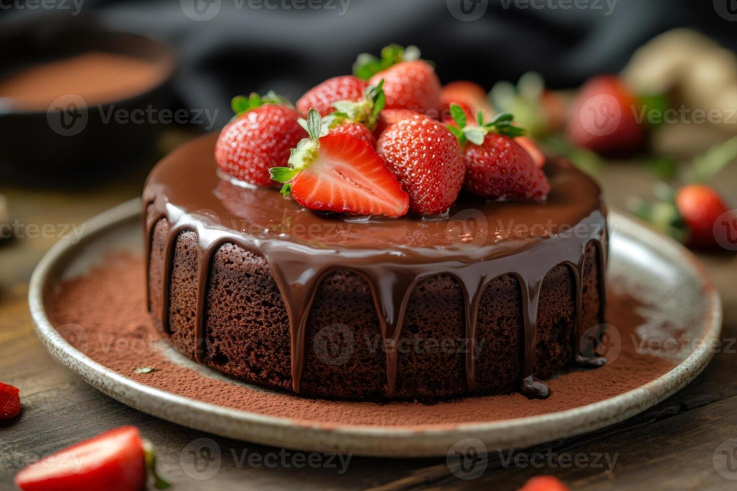 Delicious chocolate cake with dripping icing and fresh strawberries topping photo