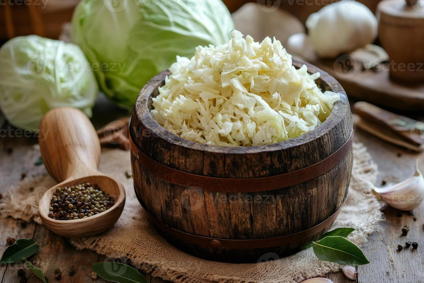 Sauerkraut fermenting in small wooden barrel on rustic table with ingredients photo