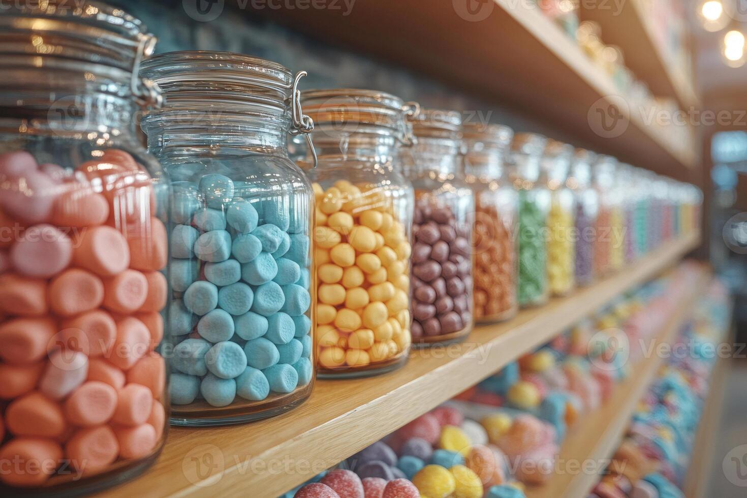 Colorful candies displayed in glass jars filling shelves in candy store photo