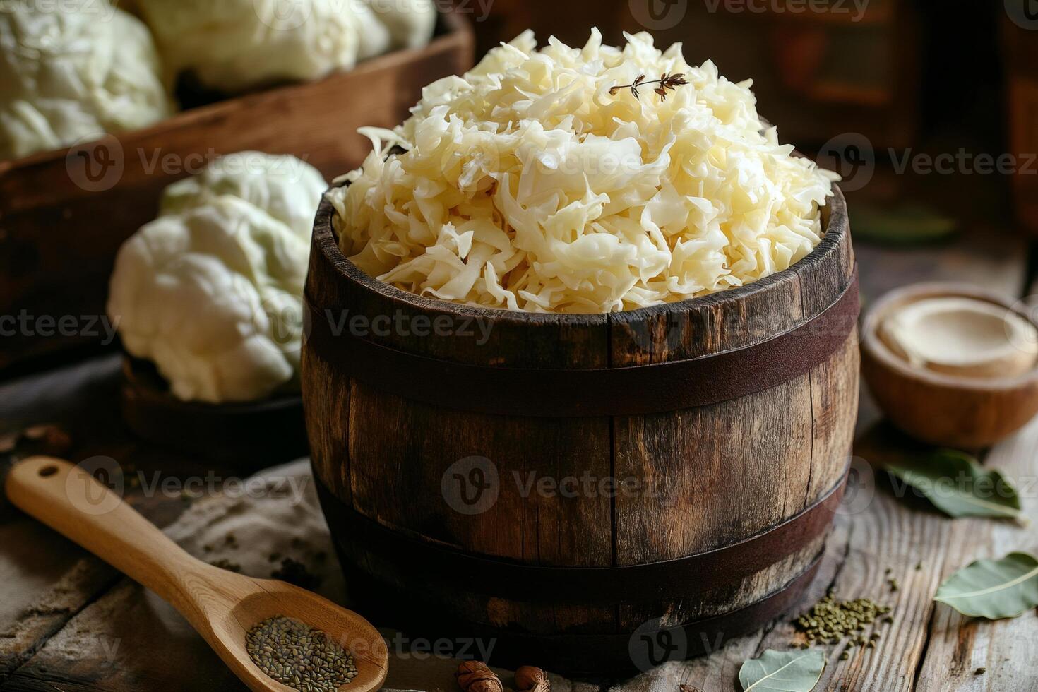 Sauerkraut fermenting in wooden barrel with spices and fresh cabbage on rustic table photo