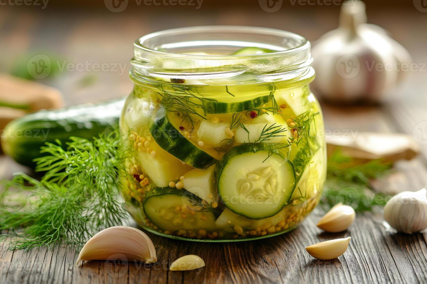 Glass jar full of pickled cucumbers, garlic and dill on rustic wooden table photo