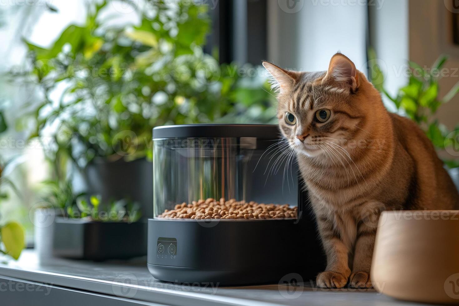 Tabby cat sitting next to a modern automatic pet feeder, surrounded by houseplants photo
