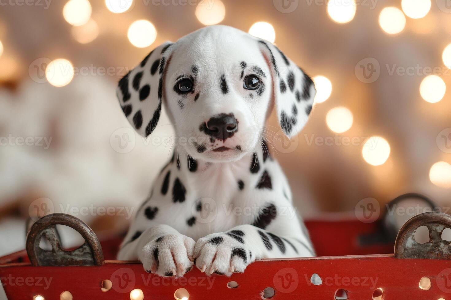Dalmatian puppy sitting in red wooden basket with christmas lights in background photo