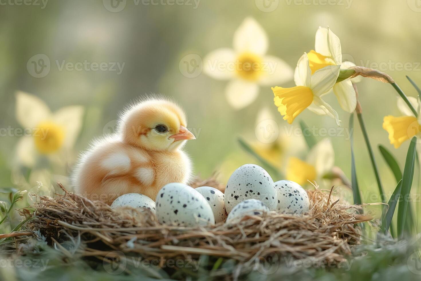 Little chick sitting in nest with easter eggs and daffodils in spring.. photo
