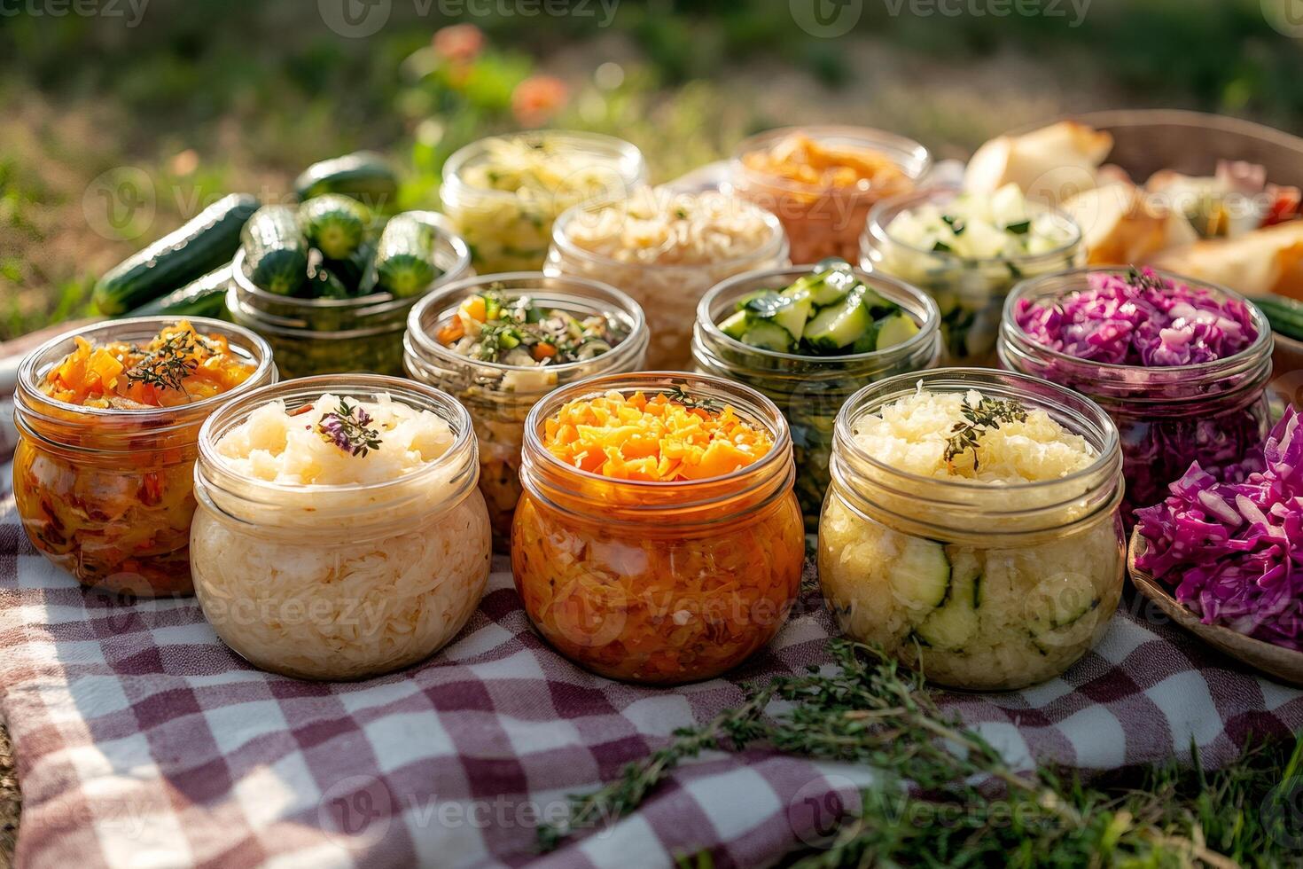 Fermented vegetables like sauerkraut and carrots resting on picnic blanket photo