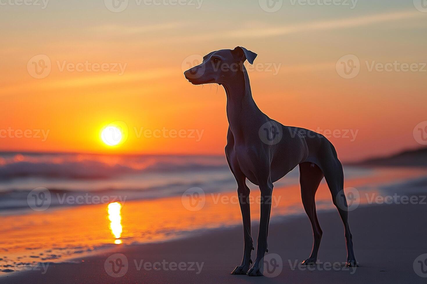 Italian Greyhound standing on the beach at sunset photo