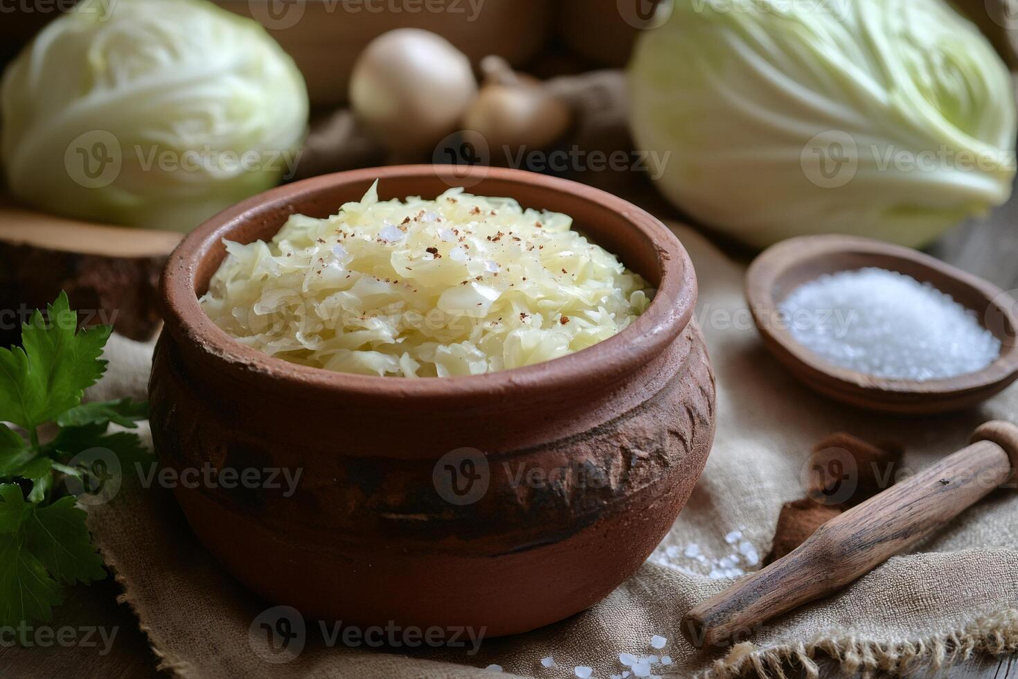 Sauerkraut fermenting in rustic clay pot with pepper and salt photo