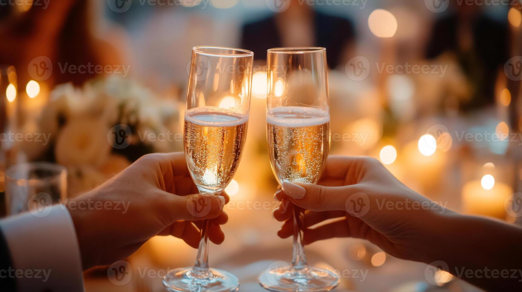 Couple toasting with champagne glasses at wedding reception with romantic candlelight in background photo