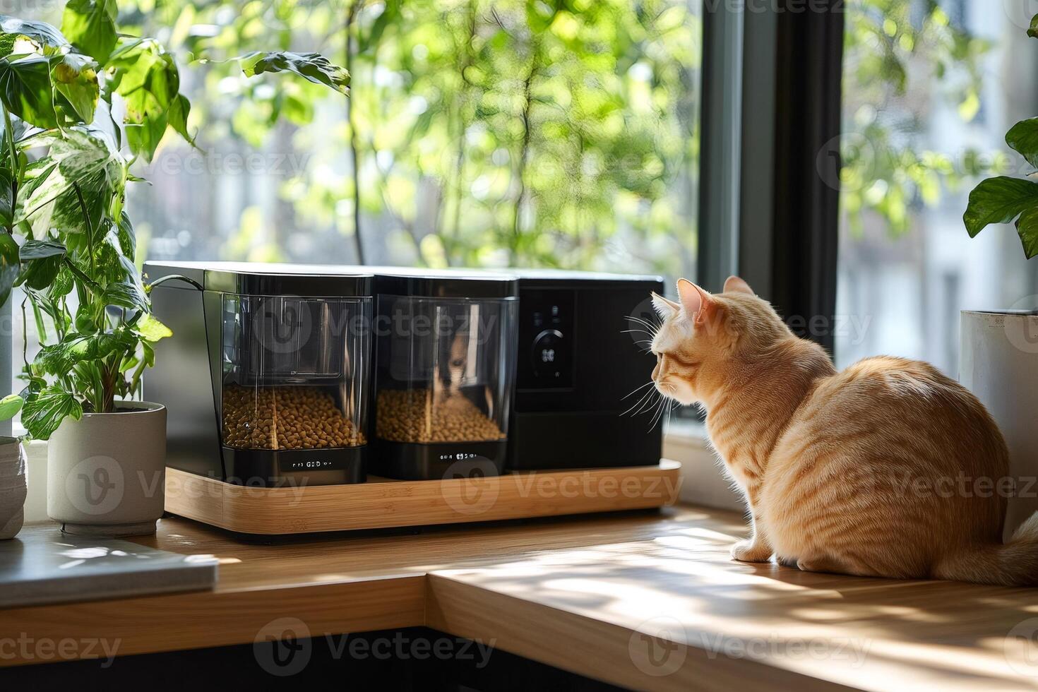 Tabby cat waiting for food from automatic pet feeder photo