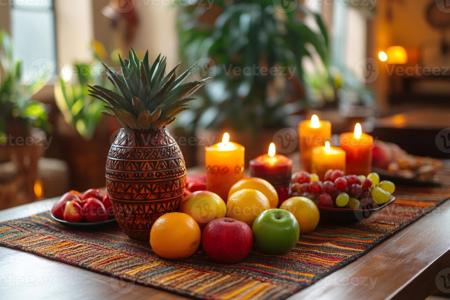 Burning candles illuminating pineapple centerpiece and fresh fruit on table photo