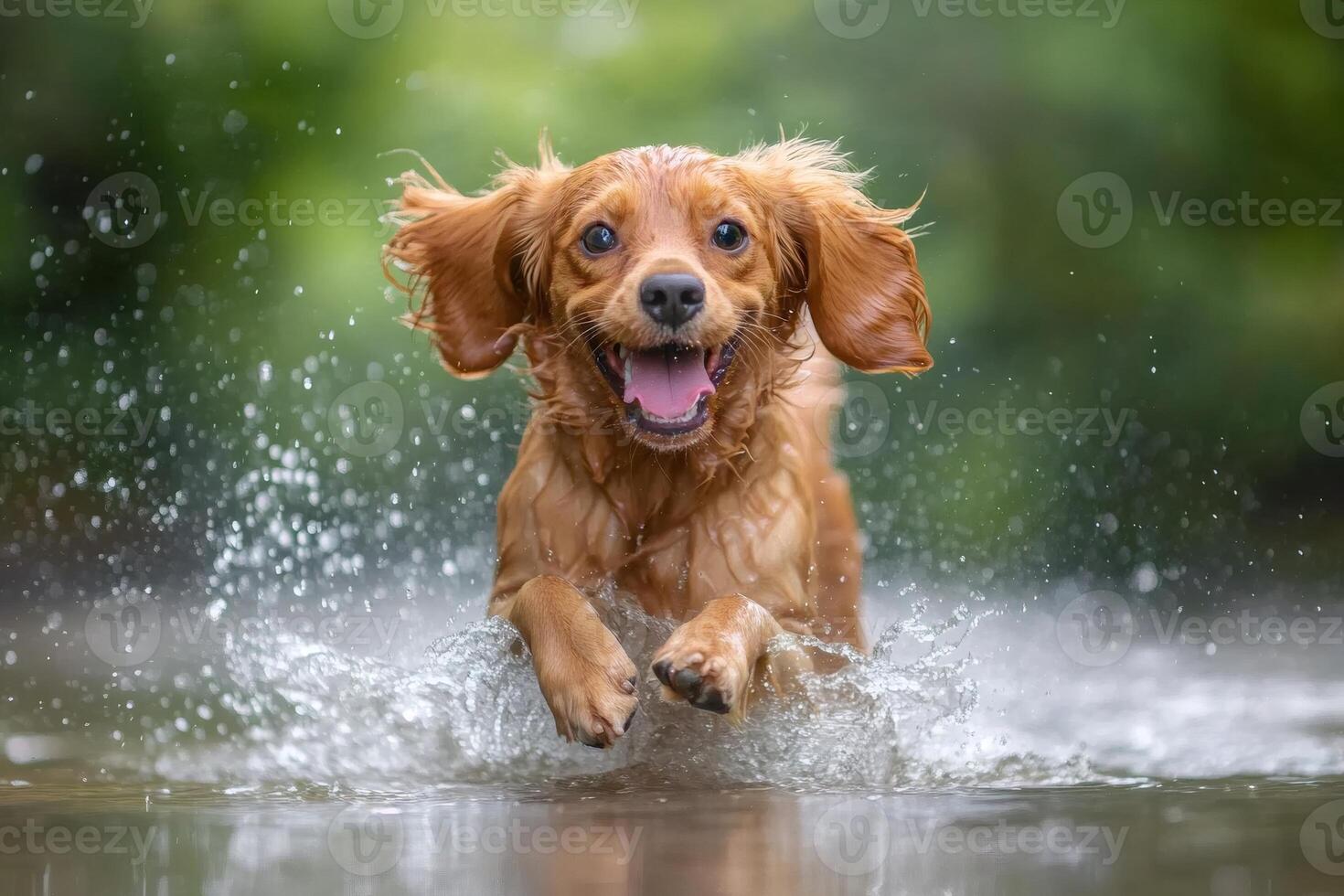 Cocker spaniel running in water with happy expression photo