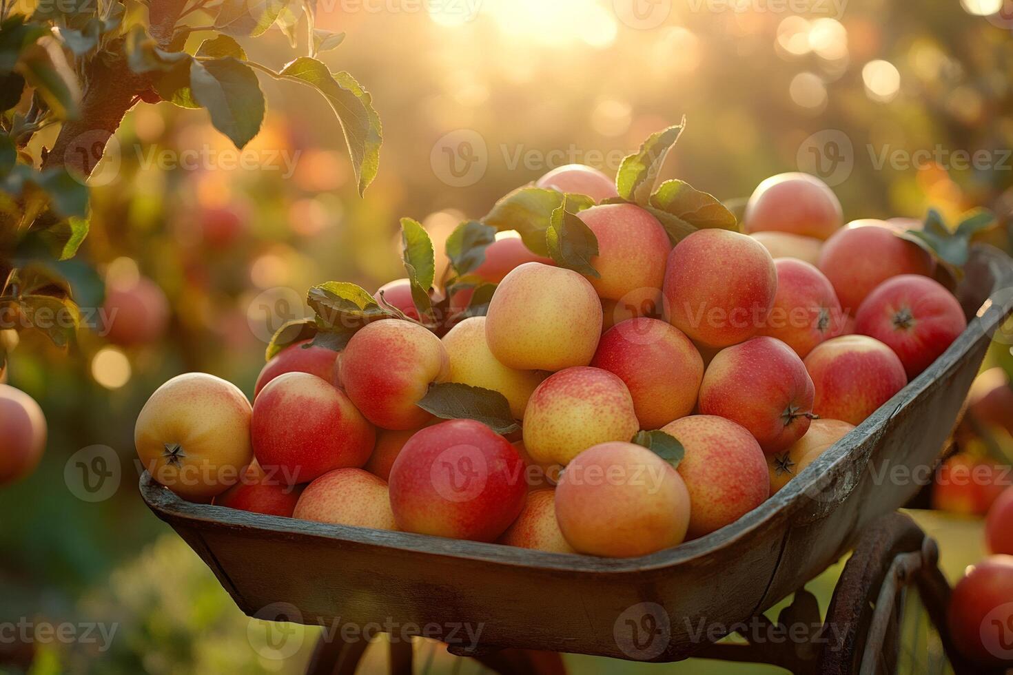 Freshly picked apples filling a wheelbarrow in an orchard during golden hour photo