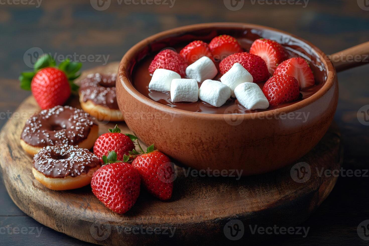 Chocolate fondue with marshmallows and strawberries served with donuts photo