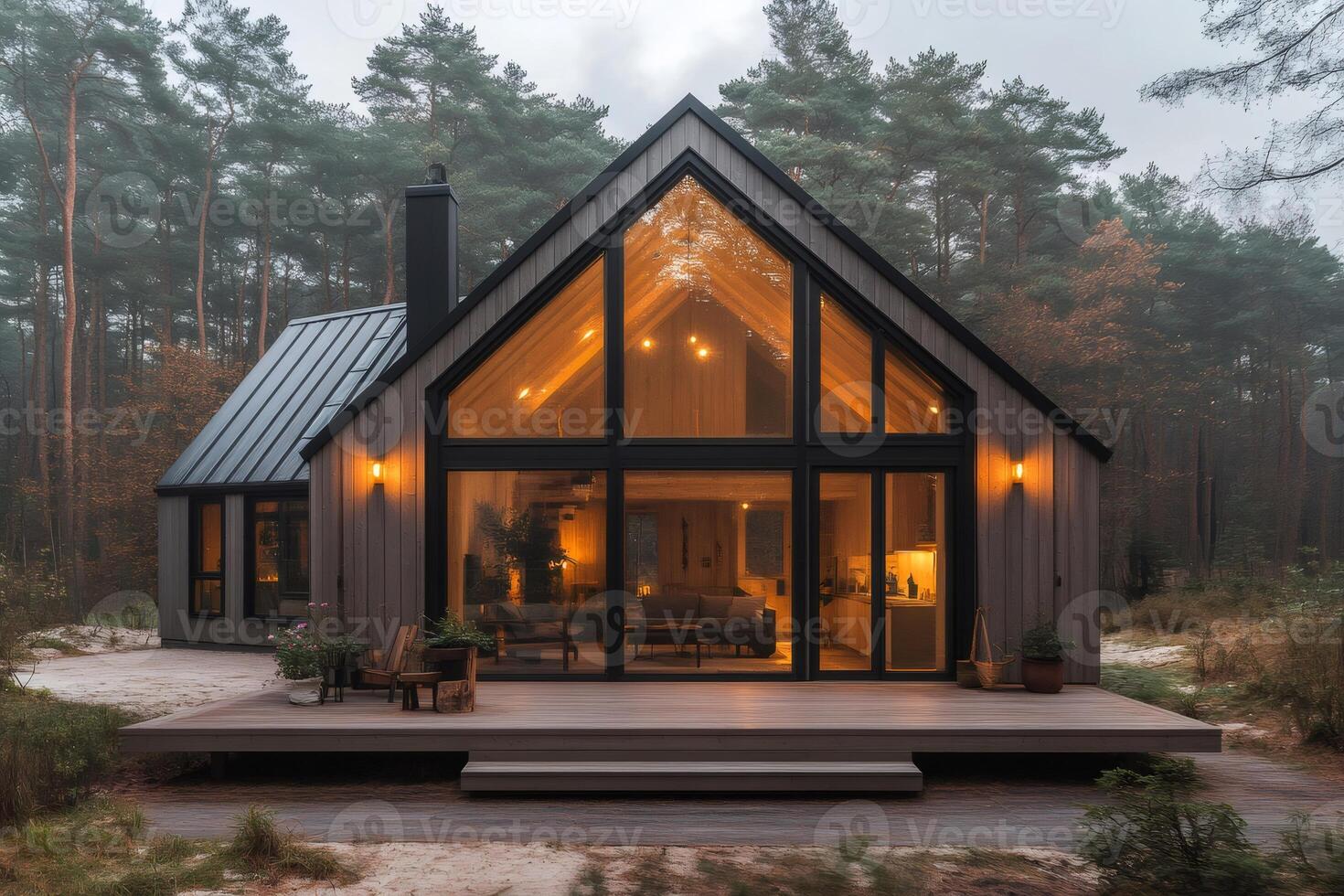 Modern A-frame cabin illuminating the woods at dusk photo