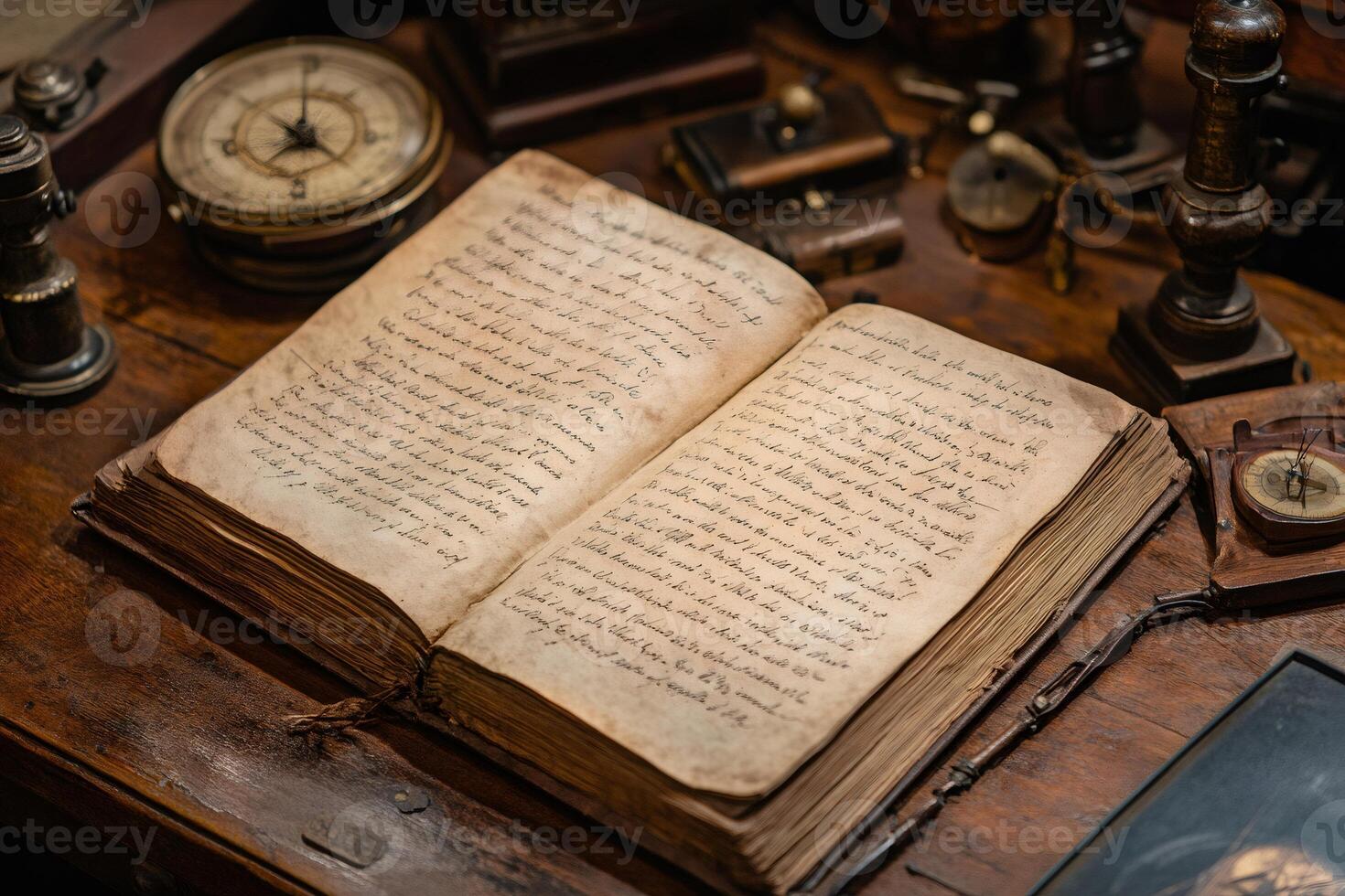 Open antique book laying on wooden desk surrounded by navigation tools photo