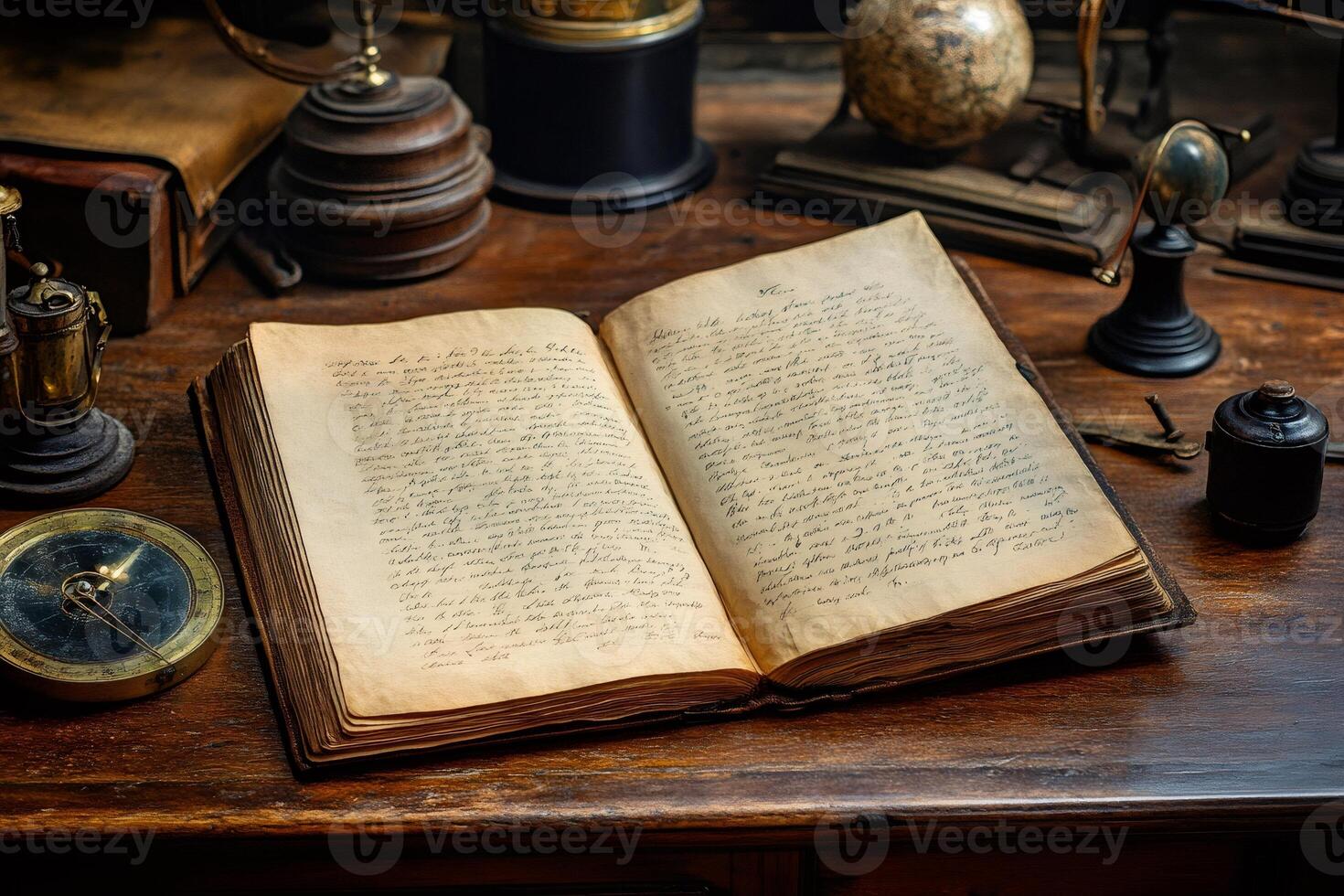 Open antique book laying on a wooden desk with navigation tools surrounding photo