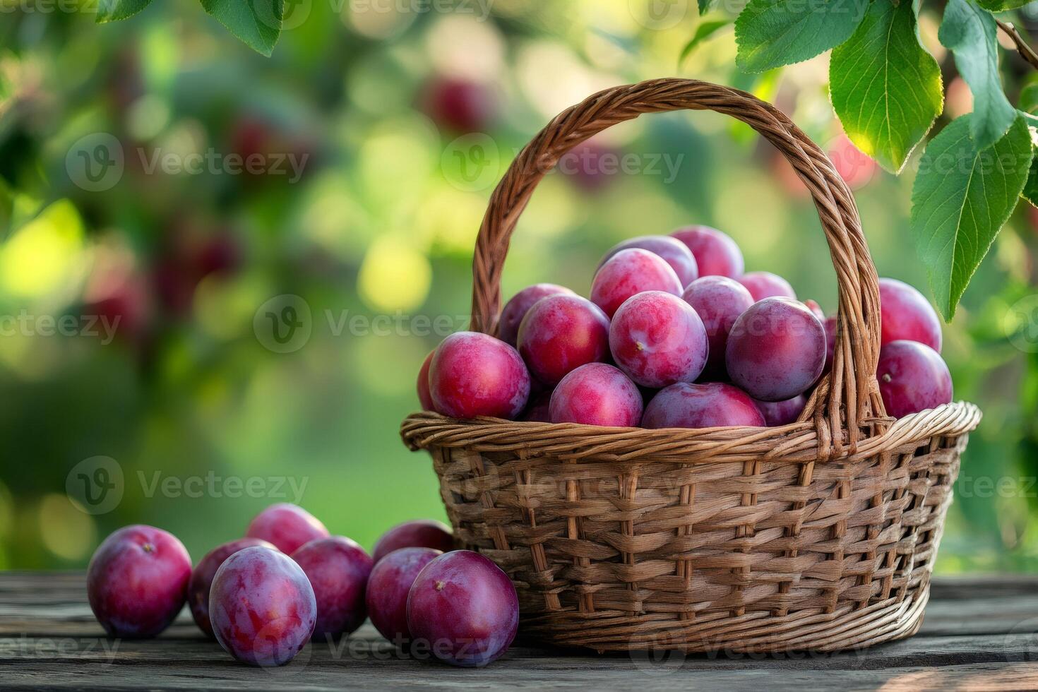 Freshly picked plums overflowing from wicker basket in the orchard photo