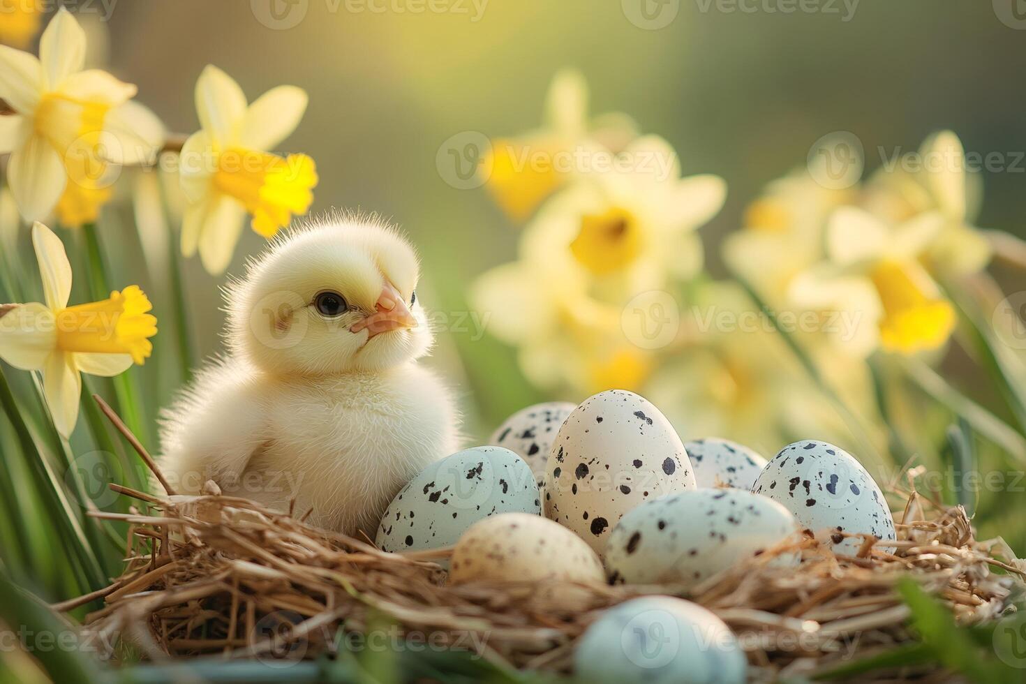 Little chick sitting in nest with easter eggs and daffodils in spring. photo