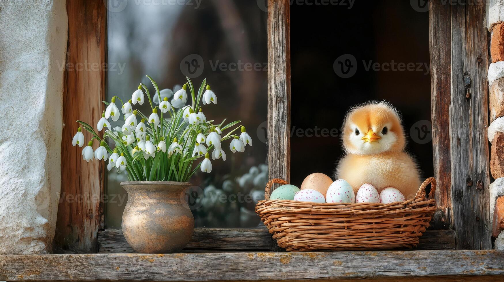 Little chick sitting in basket with easter eggs and snowdrops by the window photo