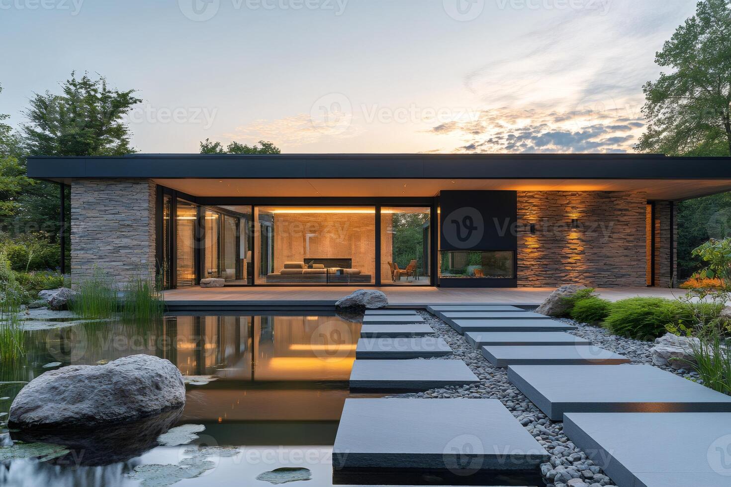 Modern house reflecting in pond water at sunset with stepping stones and illuminated interior photo