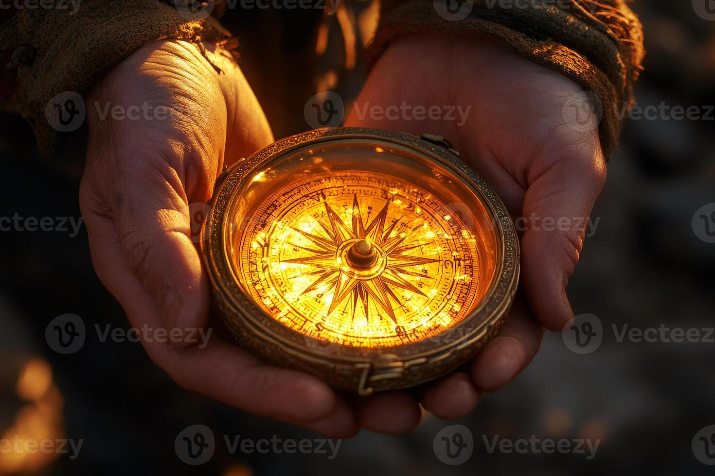 Explorer holding glowing compass in cupped hands, searching for direction and adventure photo